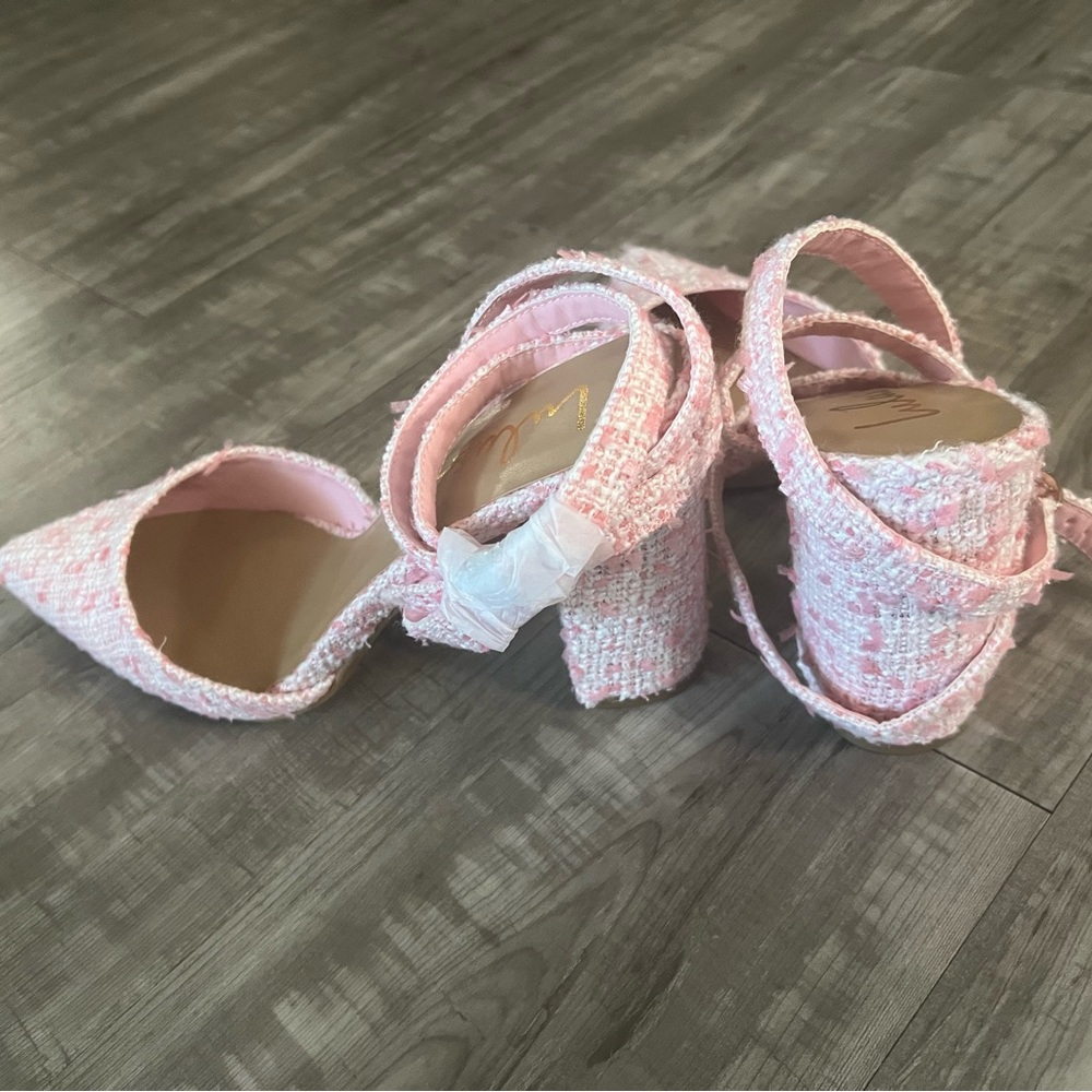 Tweed Ankle Wrap Pointed Toe Pumps in Pink - Picture 4 of 7
